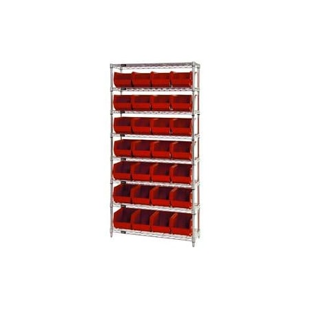 Global Industrial Chrome Wire Shelving w/ 28 Stacking Red Bins, 36inW x 12inD x 74inH, Gray 268926RD